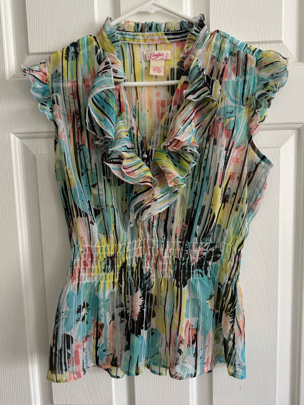Candie's Abstract Floral Ruffle Blouse V-Neck Smocked Waist Top L - Picture 2 of 7